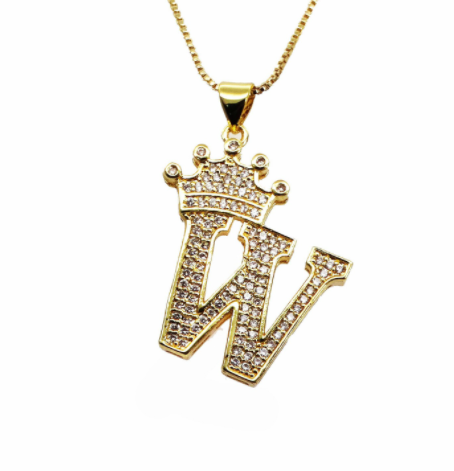 F.J.C. Crown Letter Pendants inlayed with Zirconia with necklace