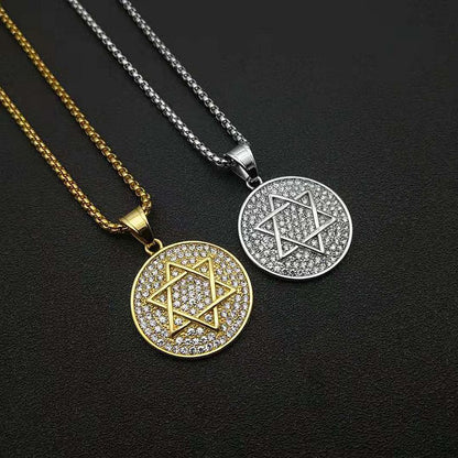 Stainless Steel Hip Hop Six Star Pendant Necklace Religious Jewelry