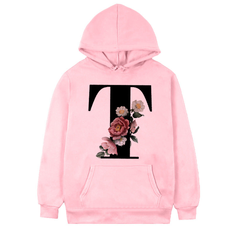 Women's 26-letter Flowers Printed Fleece Hoodie S.W.