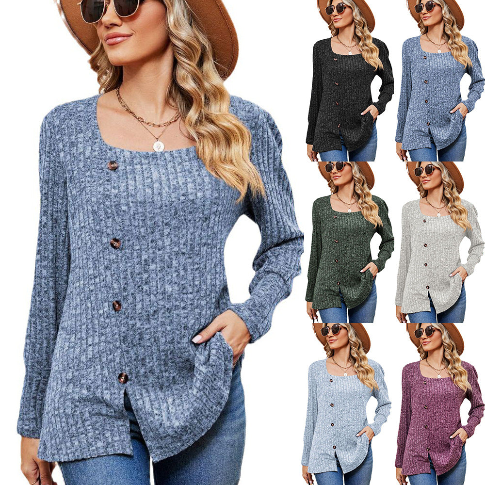 Women's Fashion Casual Loose Square Collar Button Long Sleeve Top S.W.