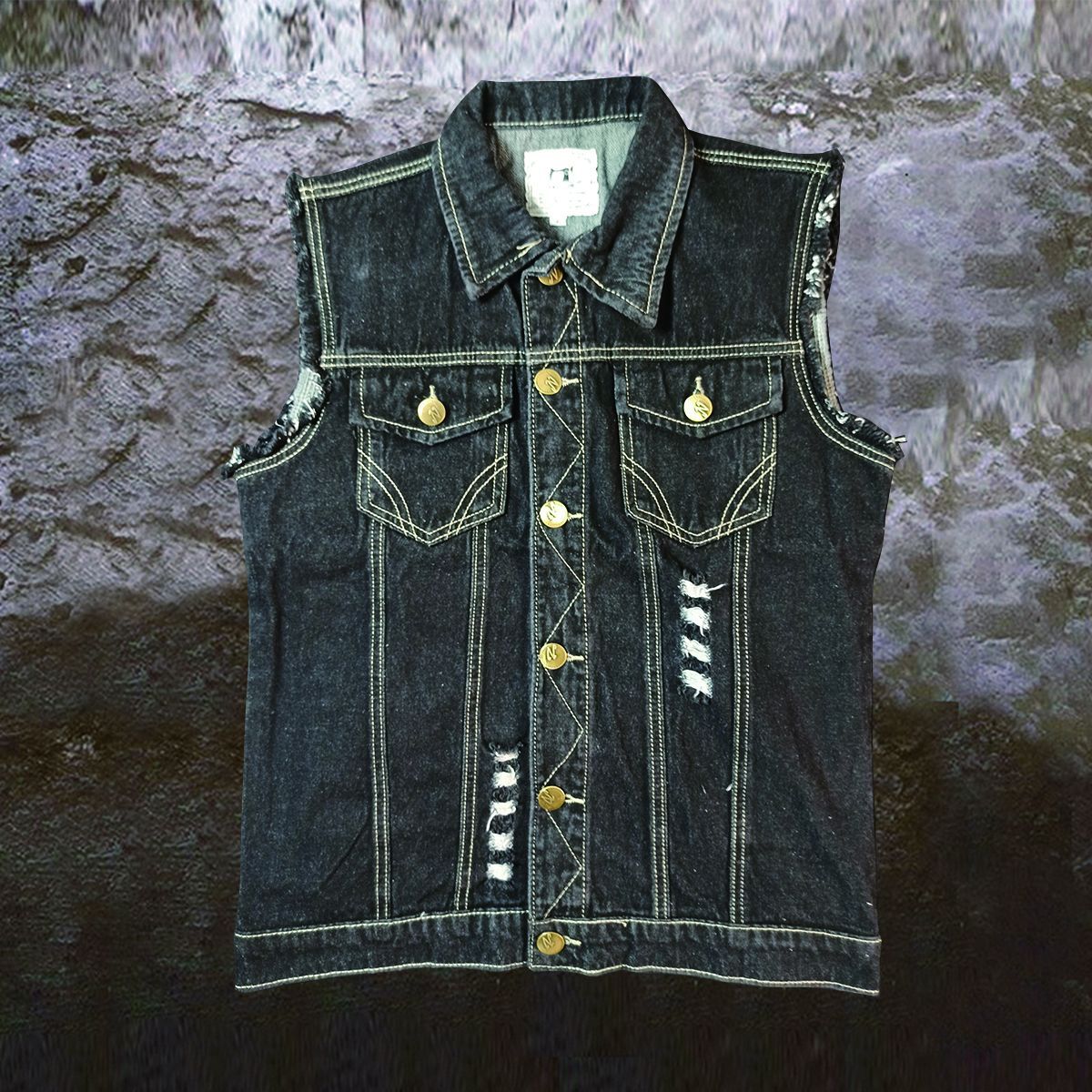 S.M.  Punk Skull Bones Denim Locomotive Turn-down Collar vest