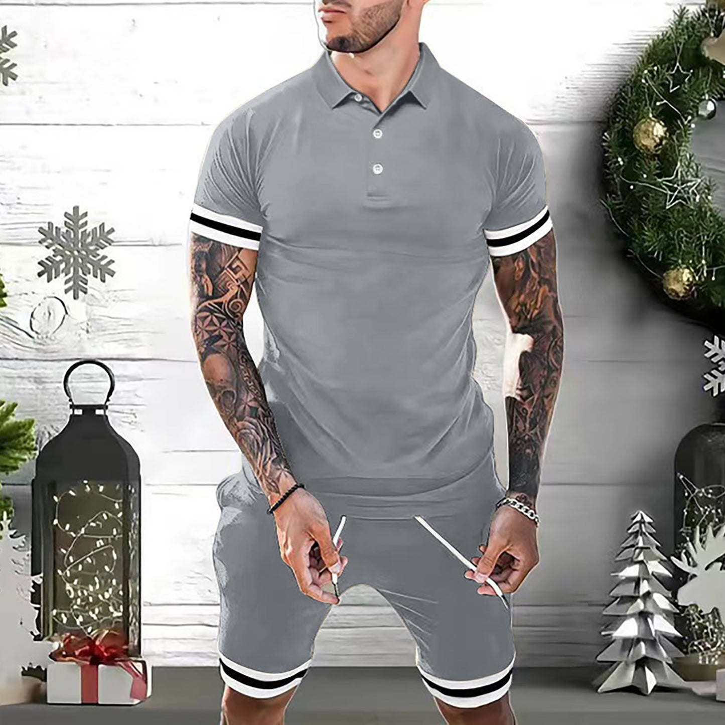 S.M.  Men's Short Sets 2 Piece Outfits Polo Shirt Fashion