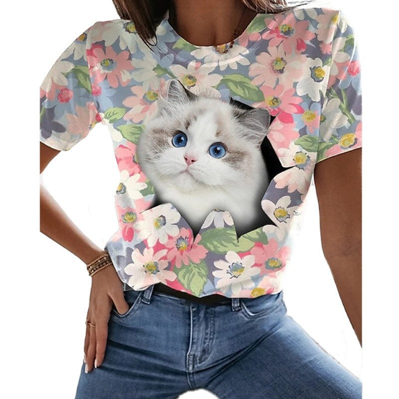 Independent Station Wish AliExpress Leisure Animal Digital Printing Short Sleeve Round Neck