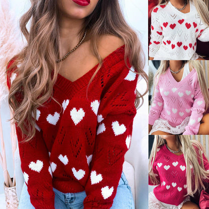 S.W.  Women's V-neck love off-shoulder hollow sexy knitted sweater