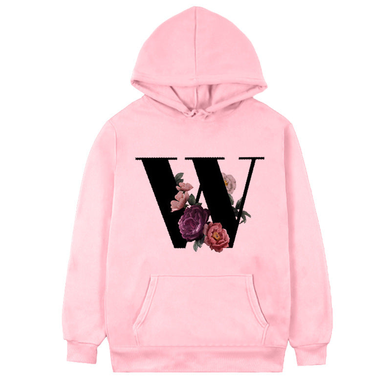 Women's 26-letter Flowers Printed Fleece Hoodie S.W.