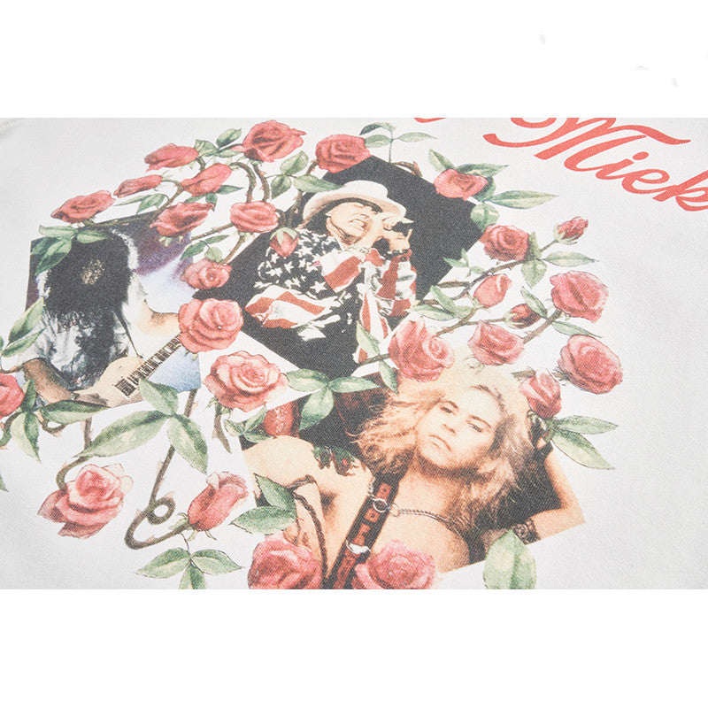 S.M.  Retro Hip Hop Rose Embroidered Short Sleeve T-Shirt