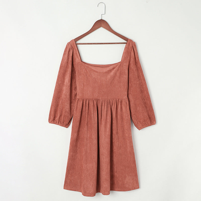 Suede European And American Autumn Solid Color Square Collar Puff Sleeve Waist Dress