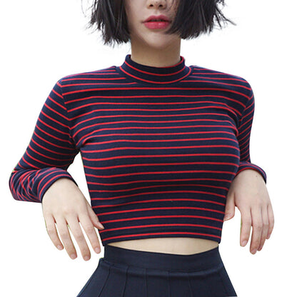 S.W. Classic Stripe Slim Short Bustier Crop Top Turtleneck Long Sleeved T-shirt