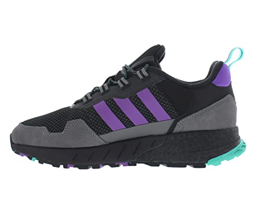 a black and purple sneaker with a light blue sole