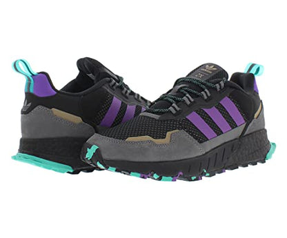 a pair of black and purple sneakers