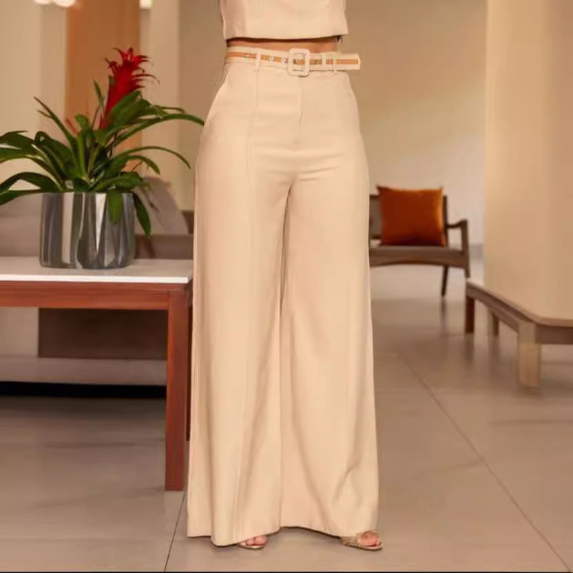 S.W. Solid Color Round Neck Sleeveless Short High Waist Wide Leg Pants Suit