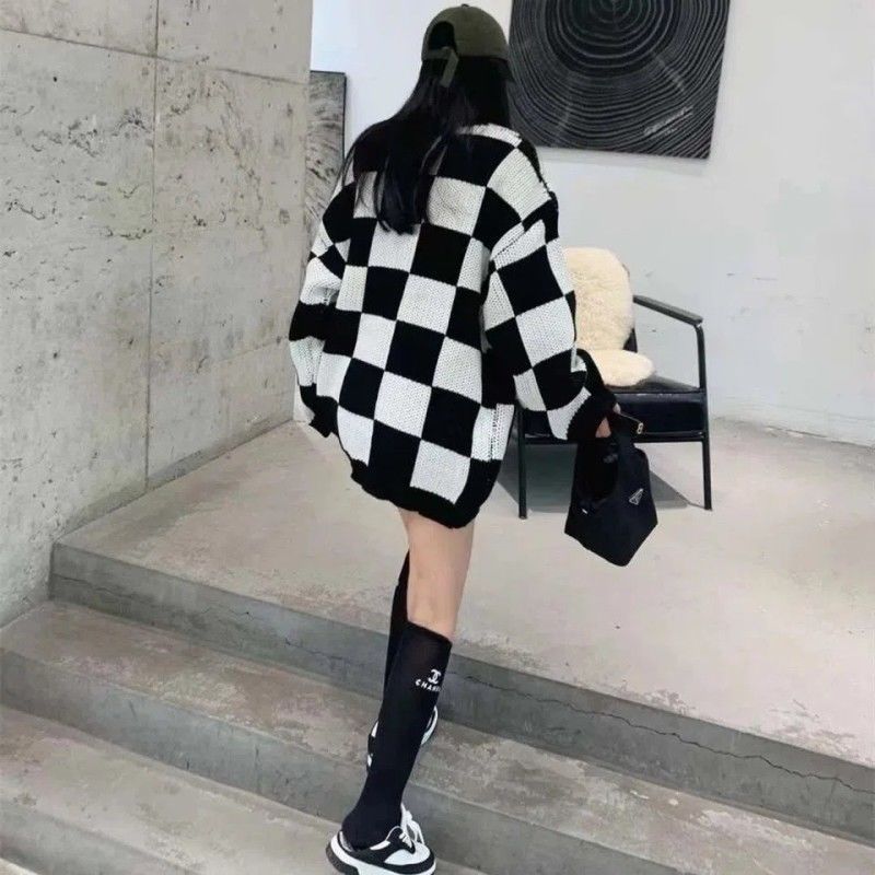 Women Plus Size Checkerboard Check Sweater