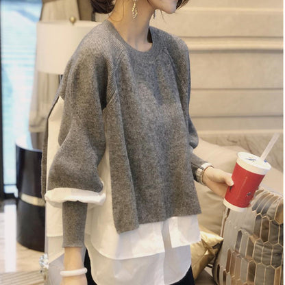 F.J.C.  S.W.  splicing shirt fake two-piece style knitted top