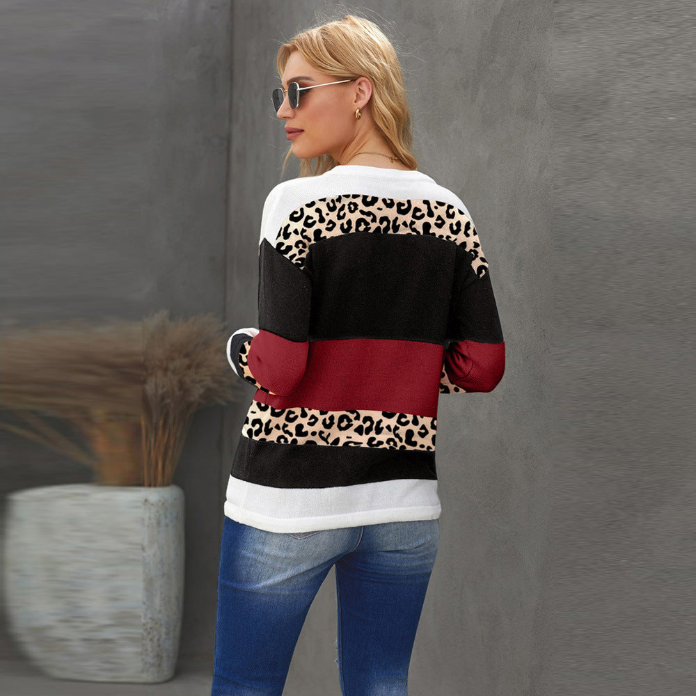 Women's Leopard Print Color Blocking Sweater  S.W.