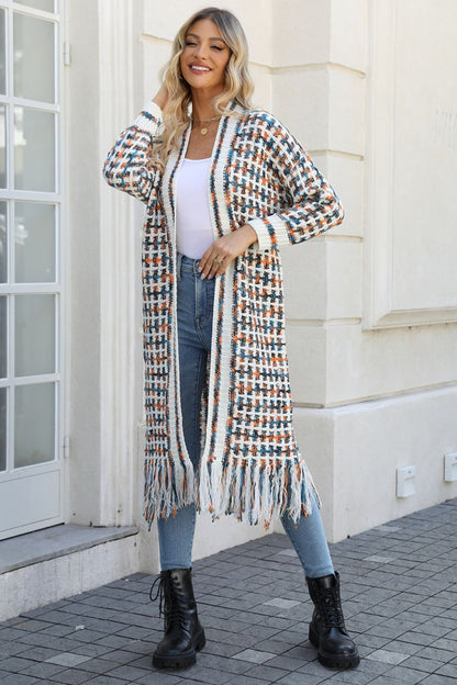 S.W.  Multicolored Open Front Fringe Hem Cardigan