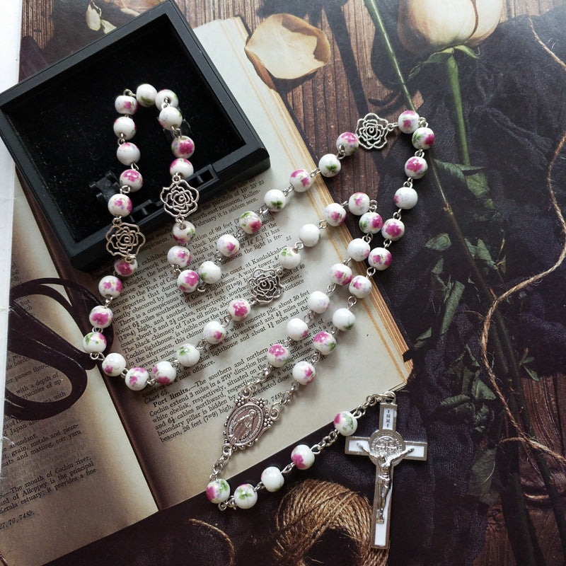 Ceramic Rose Hollow Rosary Beads Drop Oil Cross Pendant Trend Long Bead Chain Men's And Women's Necklaces Wholesale