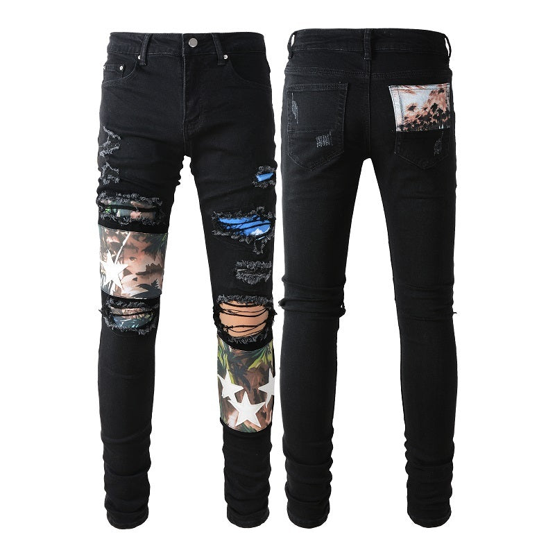 S.M. White Star Print Patch Ripped Stretch Slim Black Jeans For Men