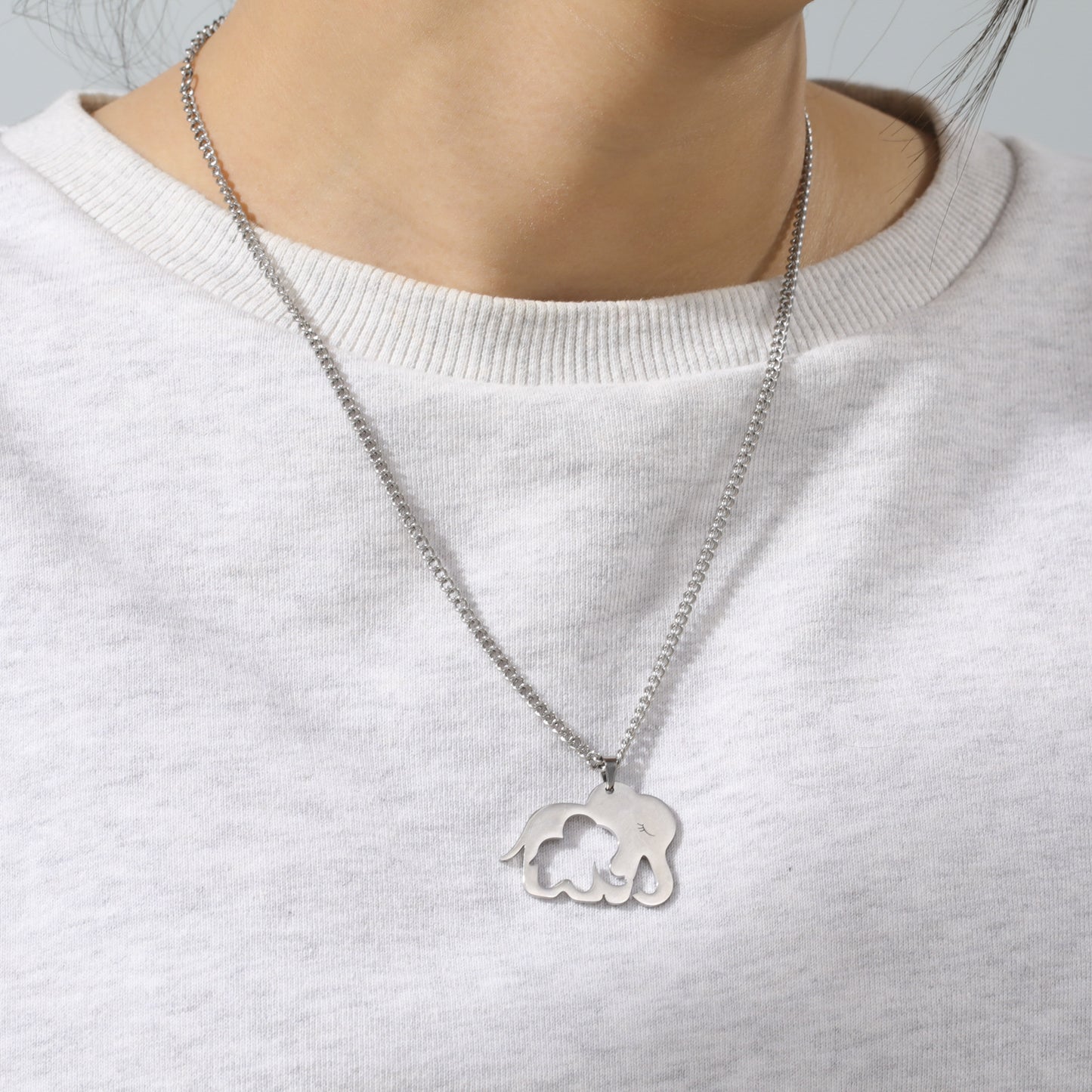 Men's And Women's Sweater Chains Cartoon Animal Cut Elephant Mother Hollow Out Baby Elephant Pendant Stainless Steel Necklace