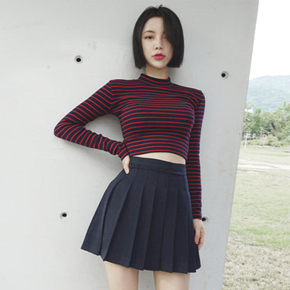 S.W. Classic Stripe Slim Short Bustier Crop Top Turtleneck Long Sleeved T-shirt