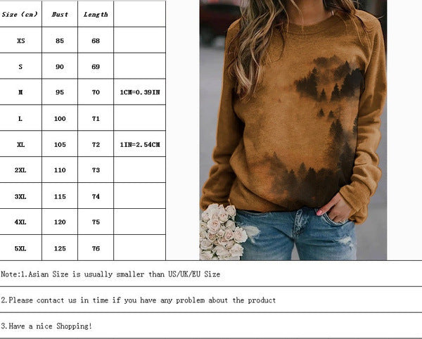 Mountains Pattern Print Sweatshirts Warm Autumn Aesthetic Clothing O Neck Long Sleeve Shirts Women Casual Loose Comfy Tunic Tops