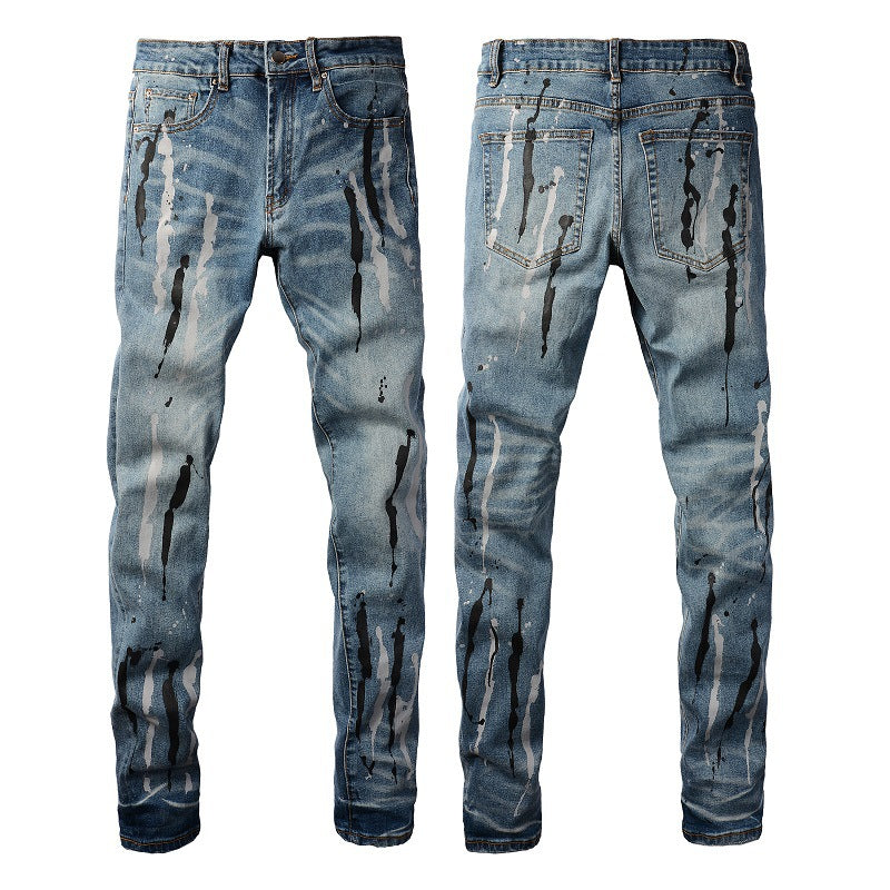 High Street Gradient Splash-ink Paint Stretch Retro Jeans