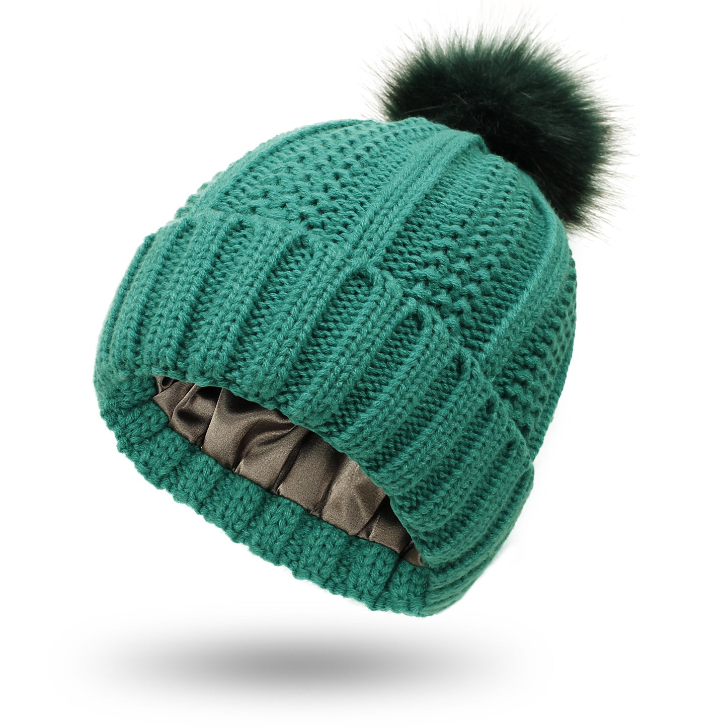 S.H. (Satin inside) Skull Knit Hats Beanie Hat For Women Faux Fur Pom Pom Winter Beanie