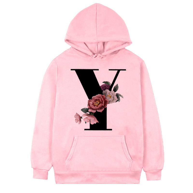 Women's 26-letter Flowers Printed Fleece Hoodie S.W.