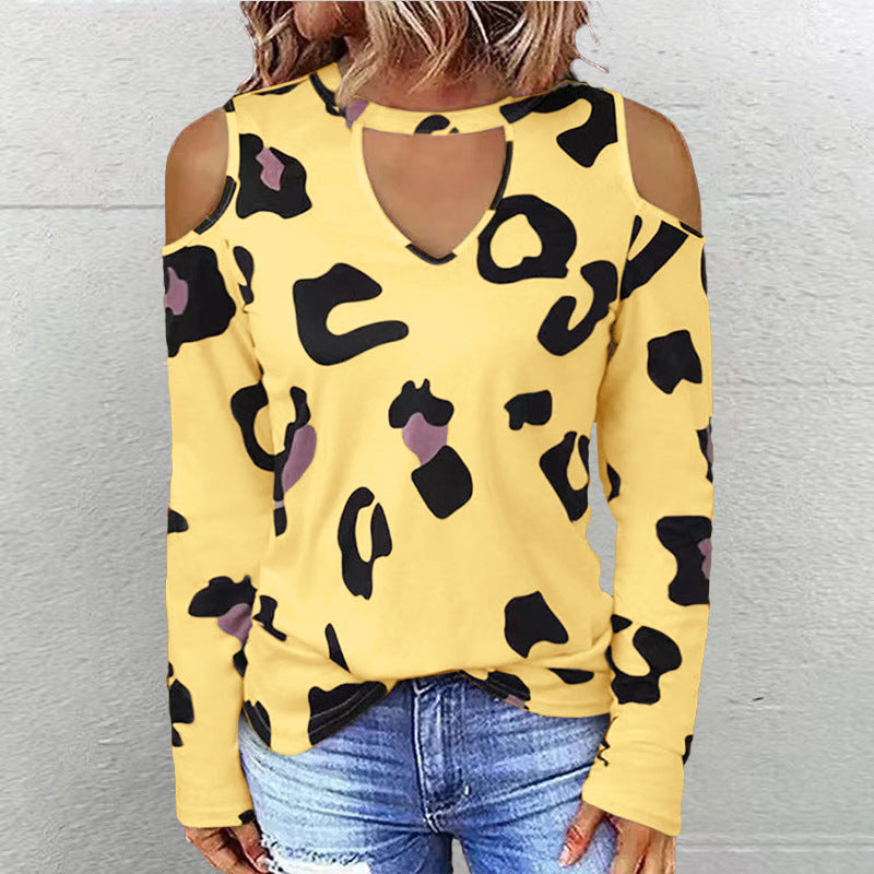 Women's Fashion Casual Printing Off-shoulder Loose Long-sleeved T-shirt S.W.