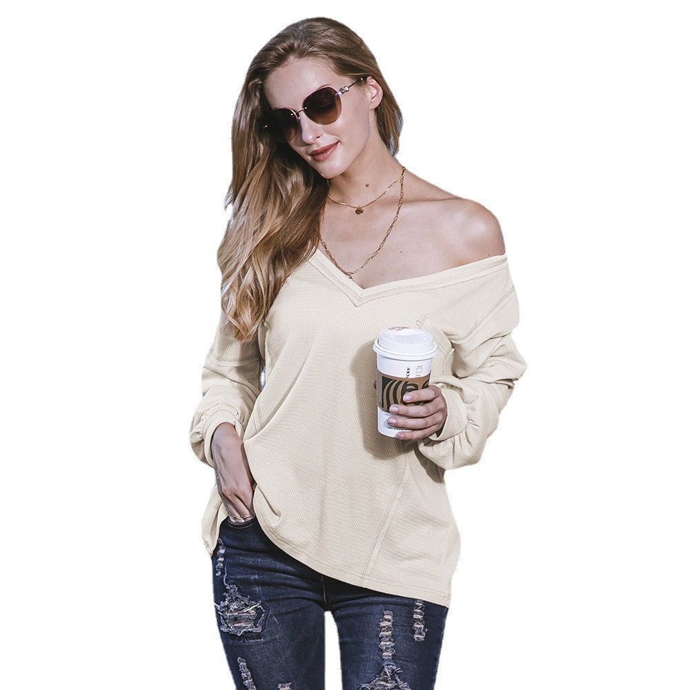 S.W.   V-neck Pullover Solid Color Stitching Women's Top