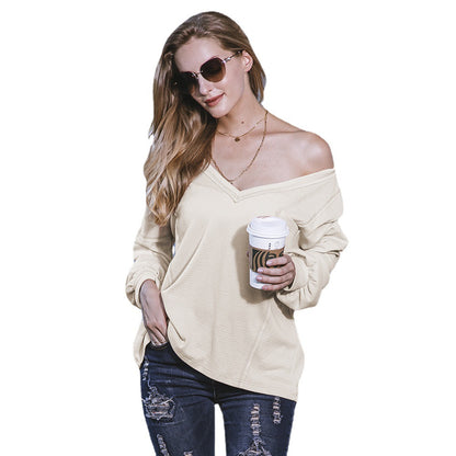 S.W.   V-neck Pullover Solid Color Stitching Women's Top