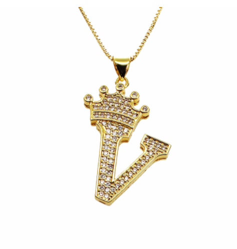 F.J.C. Crown Letter Pendants inlayed with Zirconia with necklace