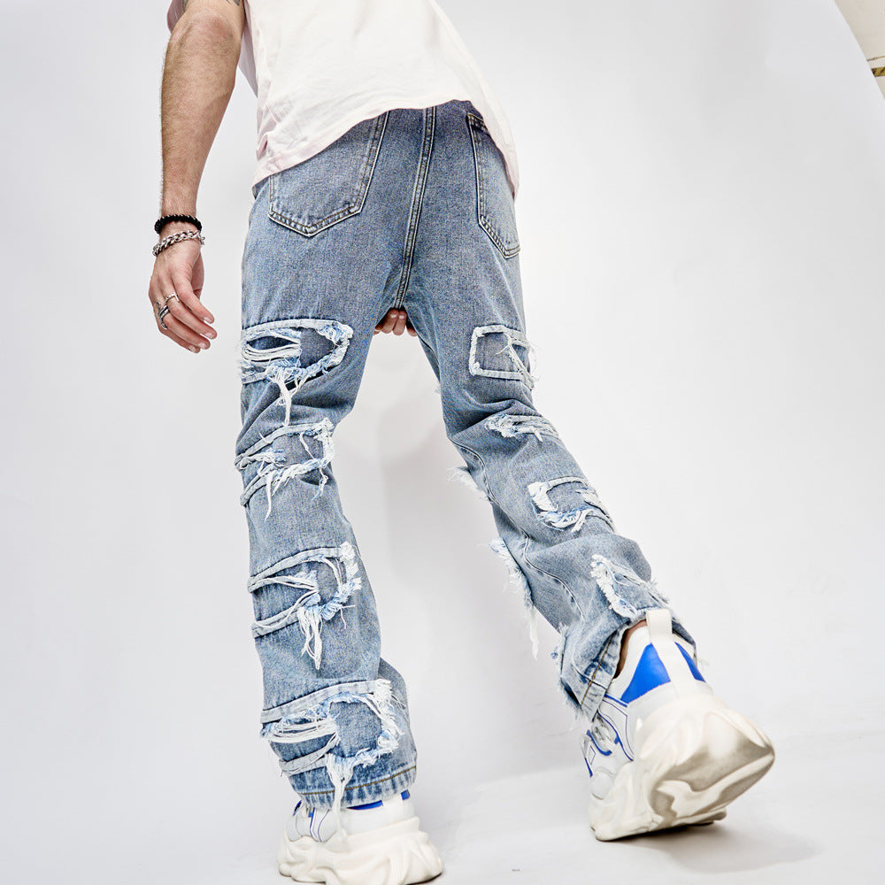 F.J.C.   S.M.  High Street Full Length Patched Straight Fit Men's  Jeans