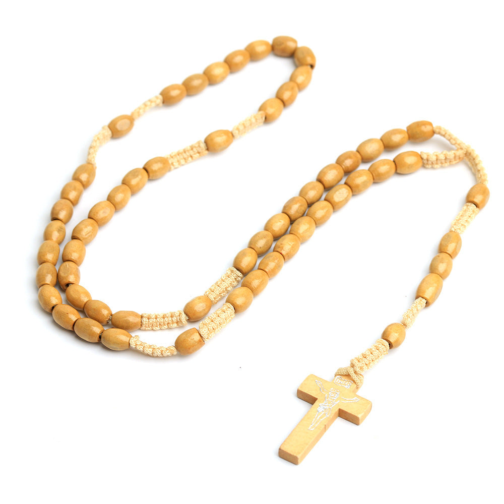 Handmade Natural Wooden Beads Cross Necklace