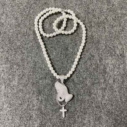 Zircon Inlaid Prayer Hand Cross Necklace