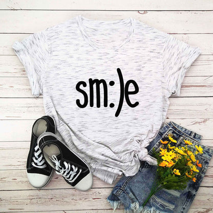 S.W. Women's Smile Letter Printed Shirt O Neck Short Sleeve Tees ( plus size available)