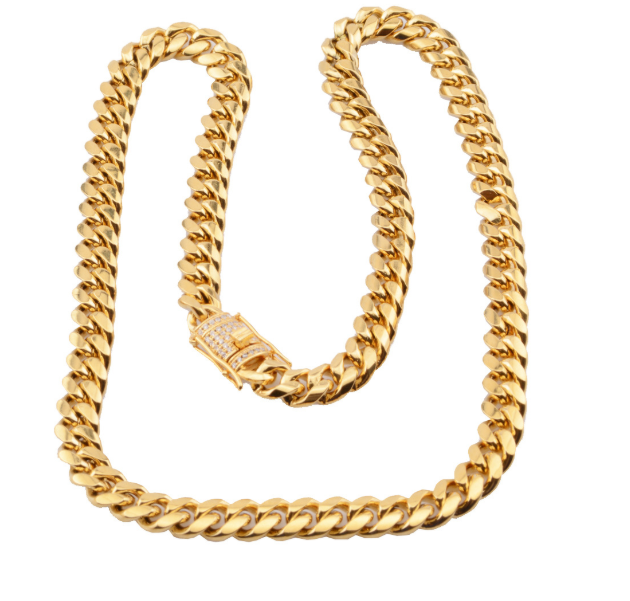 a gold chain with a diamond clasp