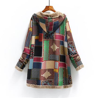 S.M. Cotton and linen printed hooded sweater warm plush jacket S.W.