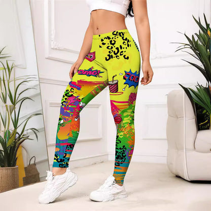 S.W. Yellow Cartoon Printed Sports Slim-fitting Leggings