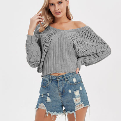 Long Sleeve Hollow V-neck Knitted Sweater