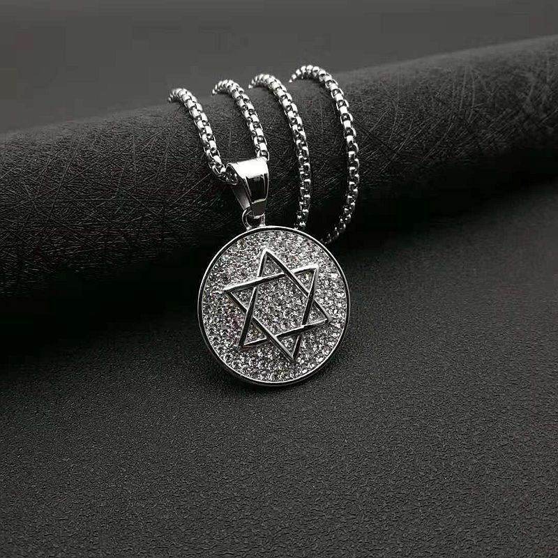 Stainless Steel Hip Hop Six Star Pendant Necklace Religious Jewelry