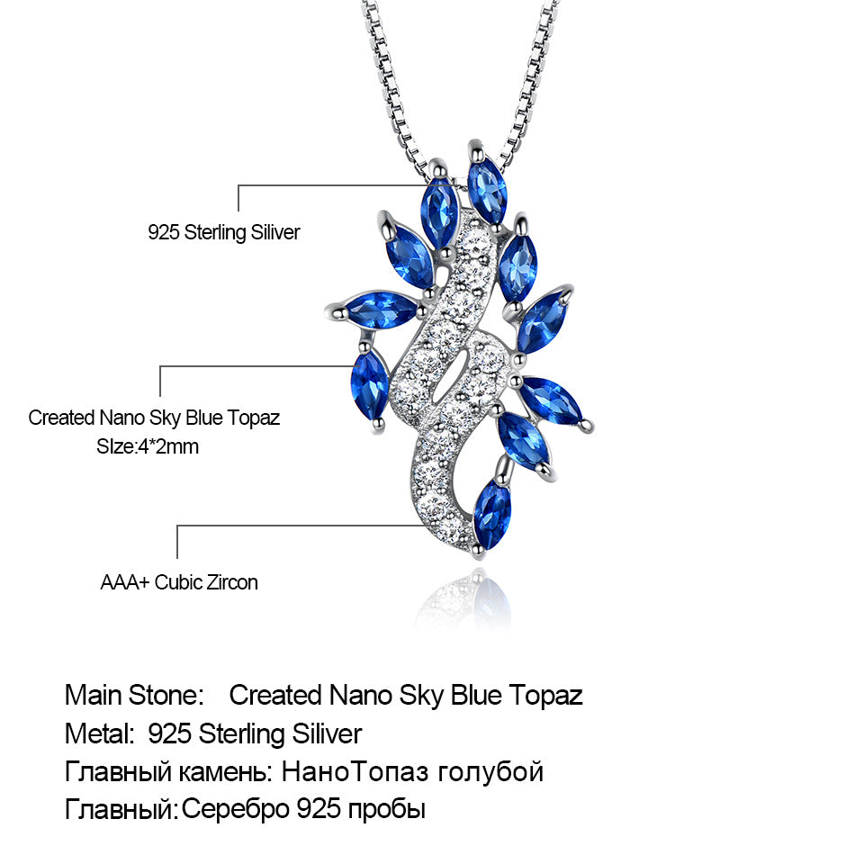 Sterling Silver Sapphire Leaf Pendant Necklace With Diamond Clavicle Chain