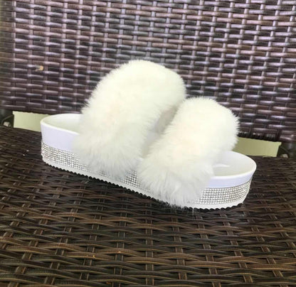 Women Bling Fluffy Slippers Fur Slides Platform Wedges Heel Solid