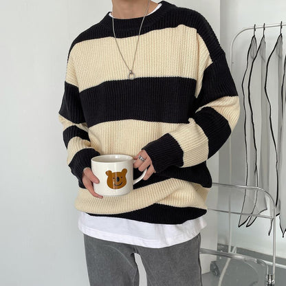 F.J.C.  S.M. men's  Striped Round Neck Loose And Lazy Style Sweater