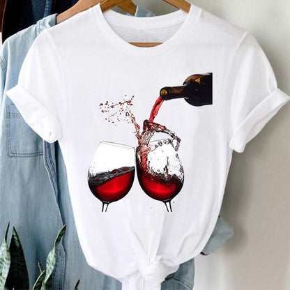 Women Printing Clothing Wine Lady Short Sleeve Casual