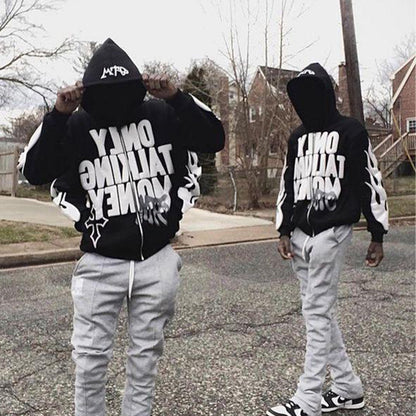 Flame Letter Print Casual Hoodie Street Hip-hop Cardigan Zipper Coat Men And Women