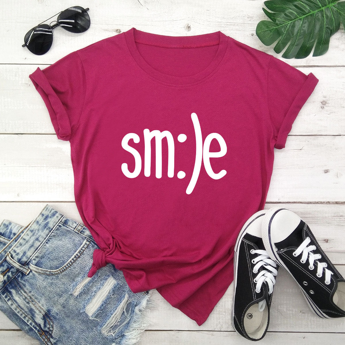 S.W. Women's Smile Letter Printed Shirt O Neck Short Sleeve Tees ( plus size available)