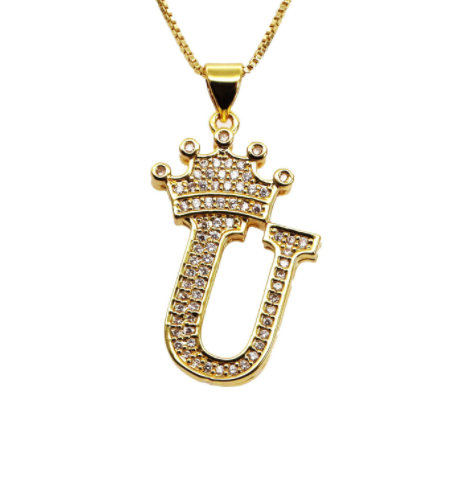 F.J.C. Crown Letter Pendants inlayed with Zirconia with necklace