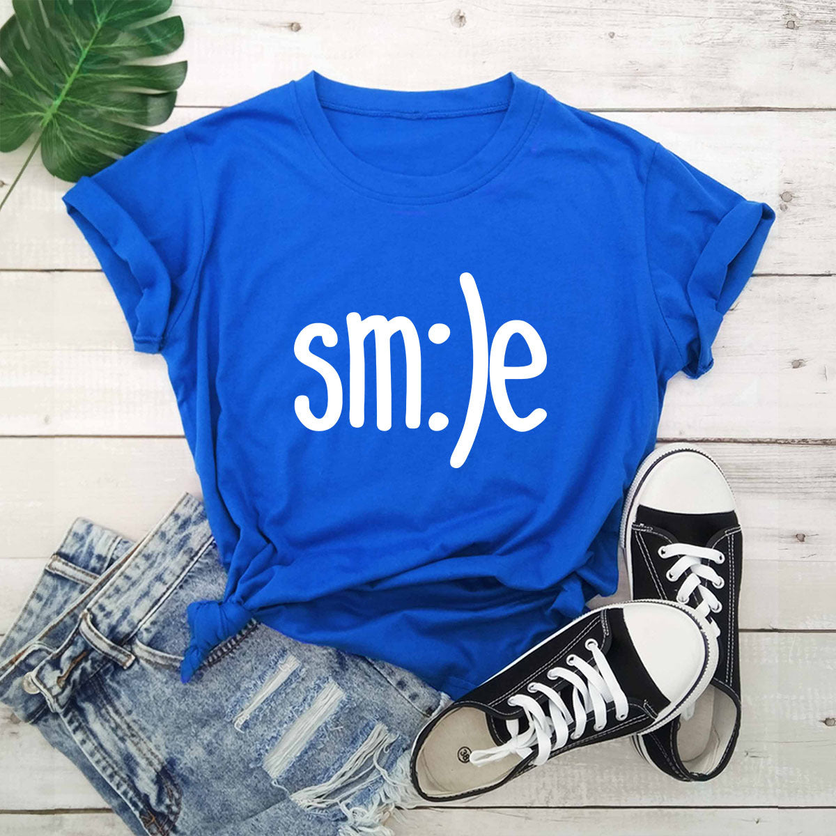 S.W. Women's Smile Letter Printed Shirt O Neck Short Sleeve Tees ( plus size available)