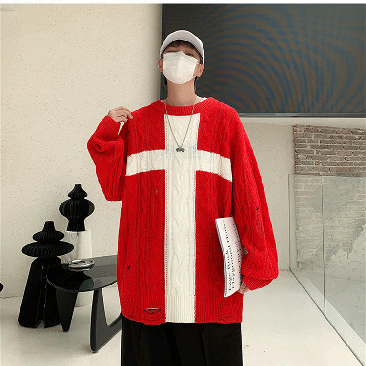 Vintage Trend Loose Knit Coat Hole Cross Sweater Men