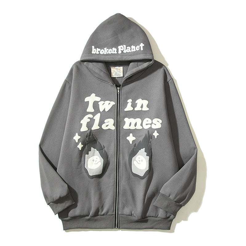 S.M. Men's "TWIN FLAME"  Foam PUFF PRINT  Zipper Hooded Jacket